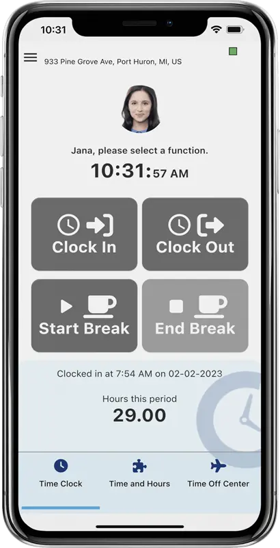 simple mobile time clock app screen