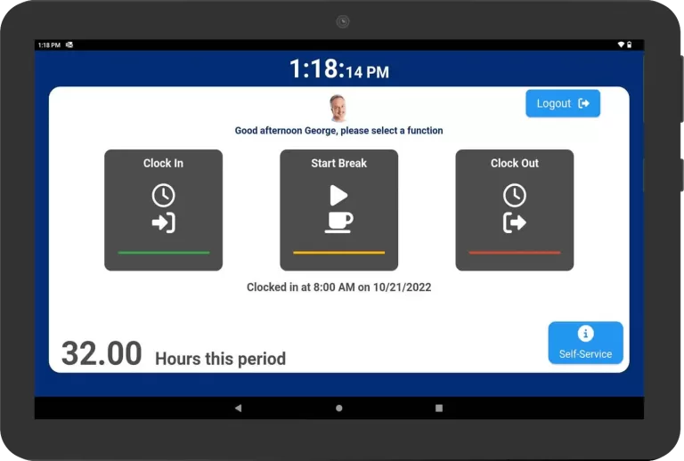 employee time clock app running on a tablet